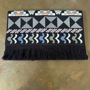 Stella & Dot Handmade Clutch w/Tribal-Inspired Pattern, Subtle Color, Fringe